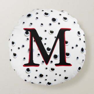 Googly Eyes Black and White Red Trendy Monogram Round Cushion