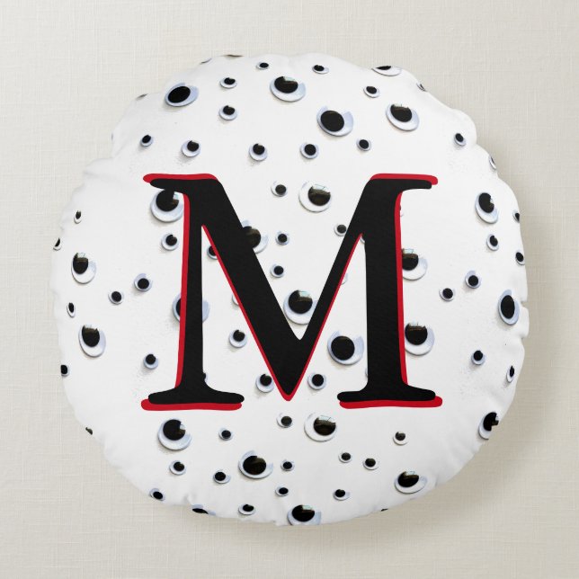 Googly Eyes Black and White Red Trendy Monogram Round Cushion (Front)