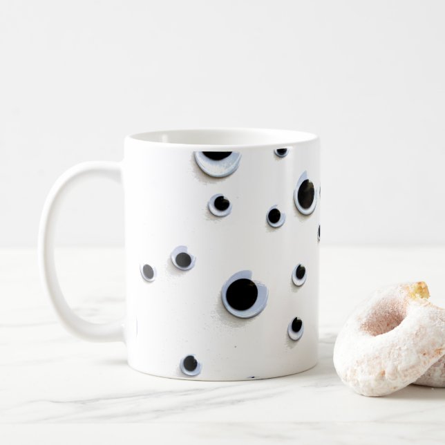 Googly Eyes Black and White Trendy Dots Cute Coffee Mug (With Donut)