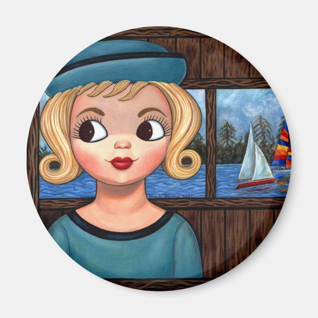 Googly Girl Sailor Head Vase Sailboat Magnet (Front)