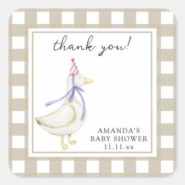 Goose Baby Shower Folded Thank You Card Square Sticker (Front)