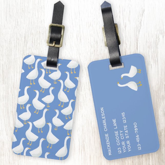Goose Bird Pattern Blue Luggage Tag (Goose luggage tag for geese and poultry lovers)