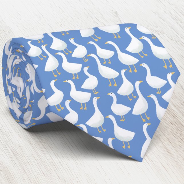 Goose Bird Pattern Blue Tie (Blue and white geese goose pattern neck tie for farmers and bird lovers)