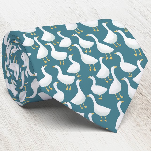 Goose Bird Pattern Teal Green Tie (Fun flock of geese goose bird tie for bird lovers and farmers)