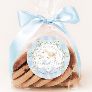 Goose Birthday Blue Gingham Thank you Classic Round Sticker
