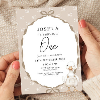 Goose First Birthday Invitation in Neutral Beige
