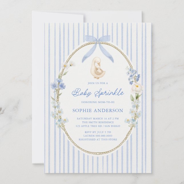 Goose Gosling Cottage Blue Baby Sprinkle Invitation (Front)