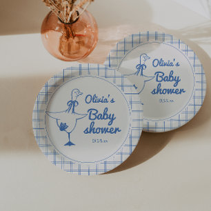 Goose Hand Drawn Blue Boy Classic Baby Shower  Paper Plate