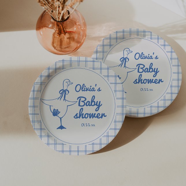 Goose Hand Drawn Blue Boy Classic Baby Shower  Paper Plate (Creator Uploaded)