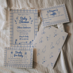 Goose Hand Drawn Blue Gingham Baby Boy Shower Invitation