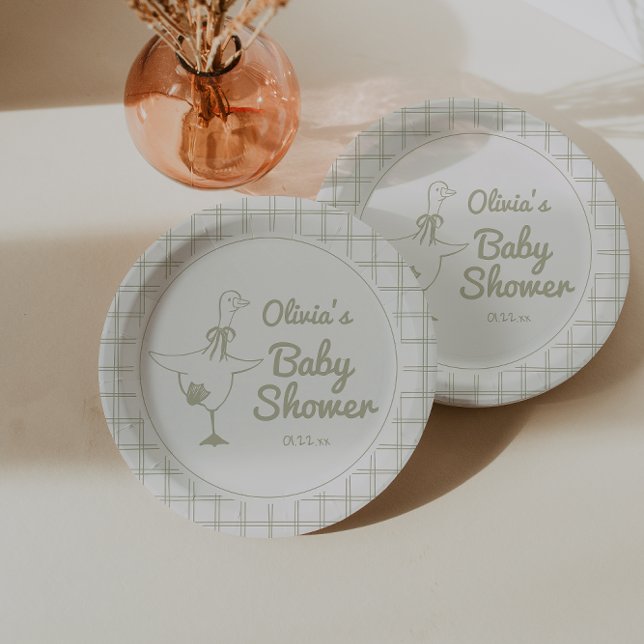 Goose Hand Drawn Neutral Ribbon Baby Shower Paper Plate (Creator Uploaded)