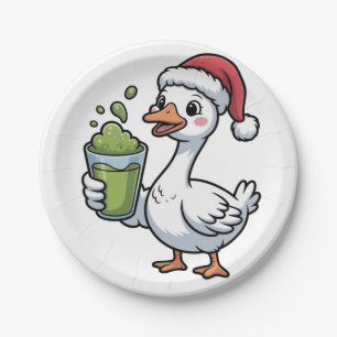Goose Holding Matcha Drink Wearing Santa Hat Paper Plate