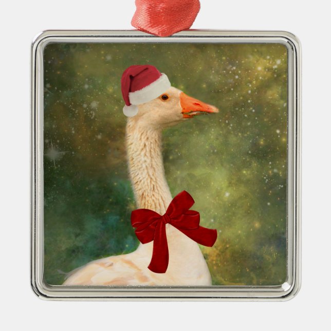 Goose In A Red Bow Christmas Metal Tree Decoration (Front)