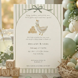 Goose Neutral Sage Green Bow Baby Shower Invitation