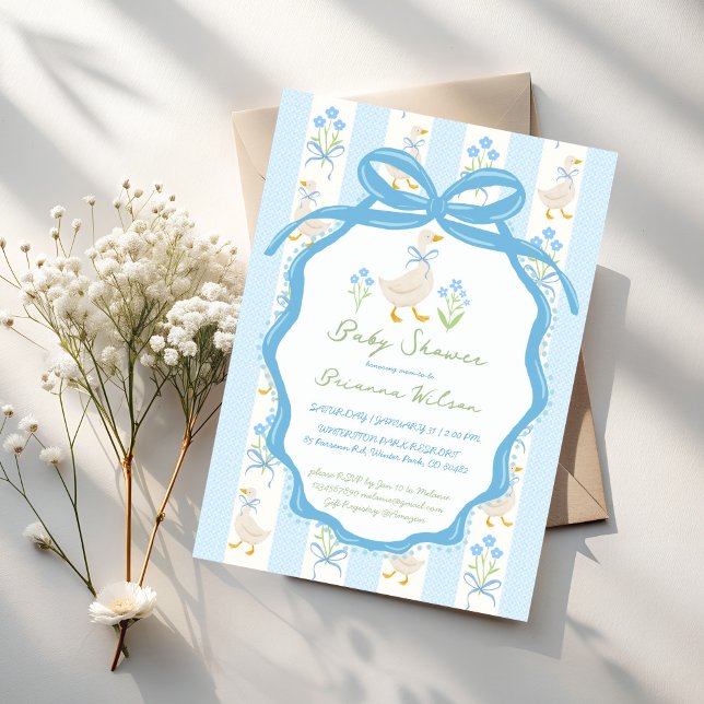 Goose nursery rhymes baby shower invitation (Silly Goose nursery rhymes pastel blue ribbon preppy baby shower invitation cards template)