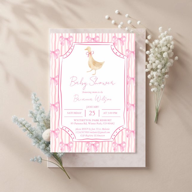 Goose nursery rhymes baby shower invitation (Silly Goose nursery rhymes vintage pink bow baby shower invitation cards template)
