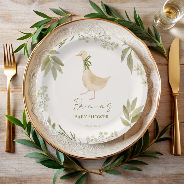 Goose nursery rhymes baby shower monogrammed paper plate (Goose nursery rhymes boho baby shower monogrammed paper plates personalized table decor)