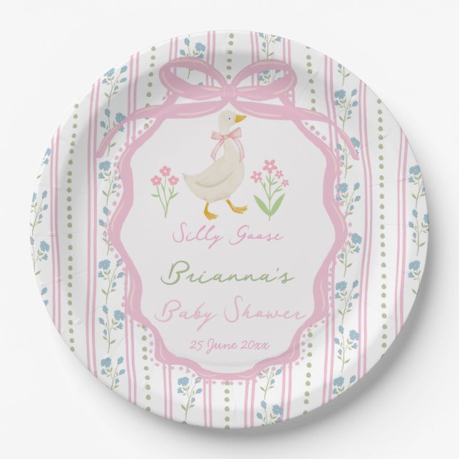 Goose nursery rhymes pink girls baby shower custom paper plate (Front)