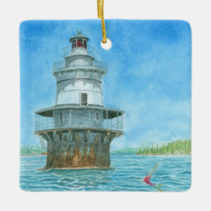 Goose Rocks Lighthosue Watercolor Ceramic Ornament