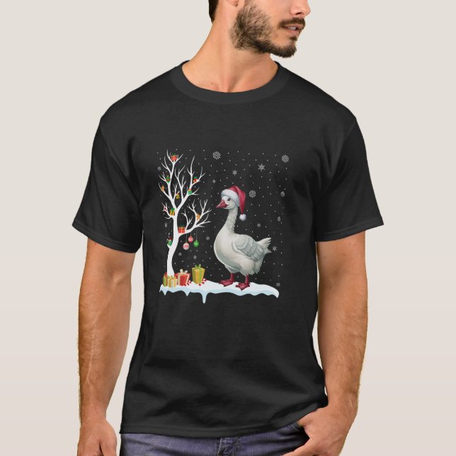 Goose Santa Hat Festive Tree Light Christmas Pajam T-Shirt (Front)