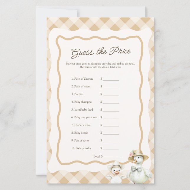 Goose Theme Plaid Price is Right Baby Shower Game (Front)