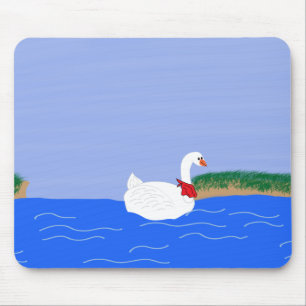 Goose White in Lake Cartoon Art Mouse Mat
