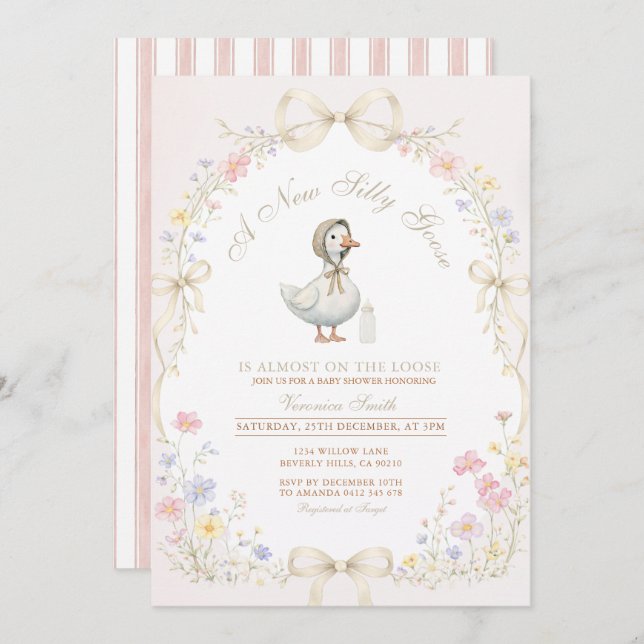 Goose Wildflower Pink Ivory Baby Shower Invitation (Front/Back)