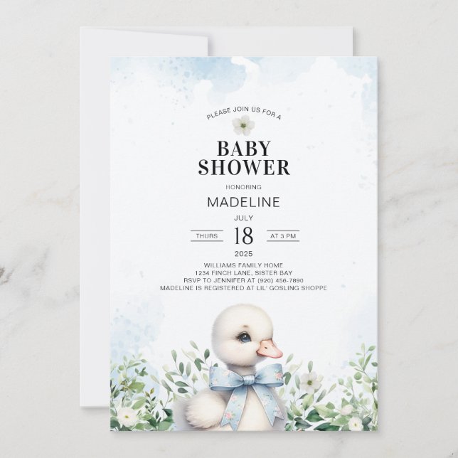 Goose with Bow Blue Boy Baby Shower Invitation (Front)