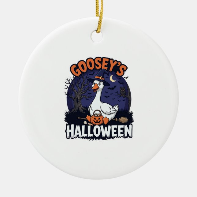 Gooseys Halloween Goose Witch Hat Pumpkin_1 Ceramic Tree Decoration (Front)