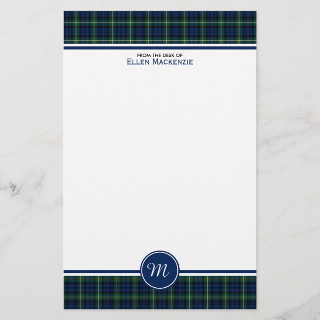 Gordon Clan Dark Blue and Green Tartan Monogram Stationery (Front)