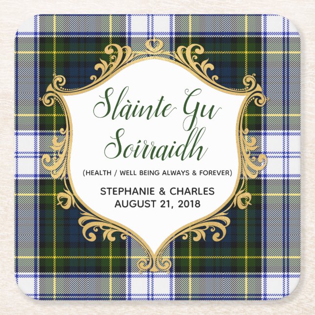 Gordon Dress Plaid Gaelic Wedding Paper Coasters (Front)
