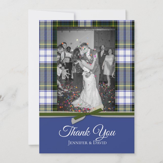 Gordon Dress Plaid Wedding Photo Thank You Card (Front)