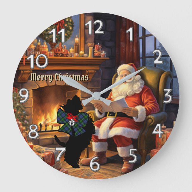 Gordon Scottie Dog & Santa Personalised Xmas Large Clock (Front)