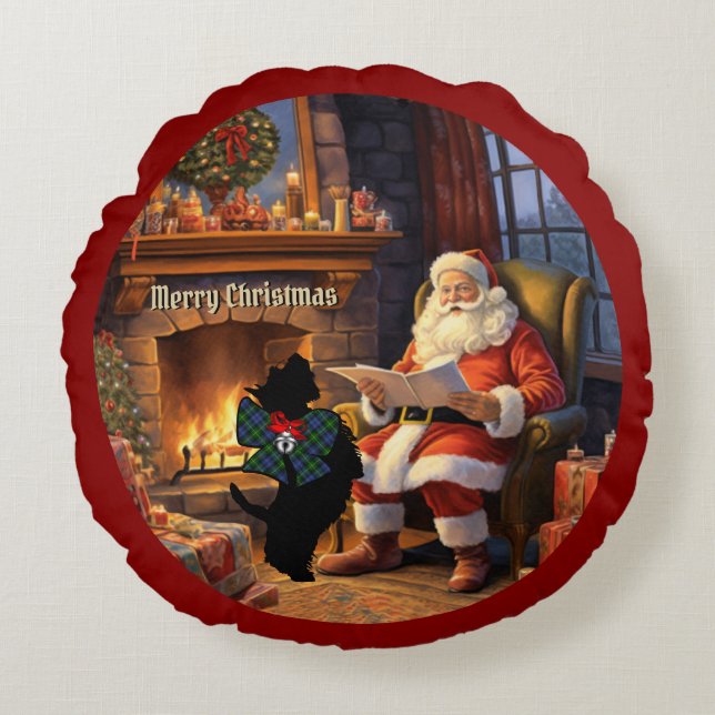 Gordon Scottie Dog & Santa Personalised Xmas Round Cushion (Front)