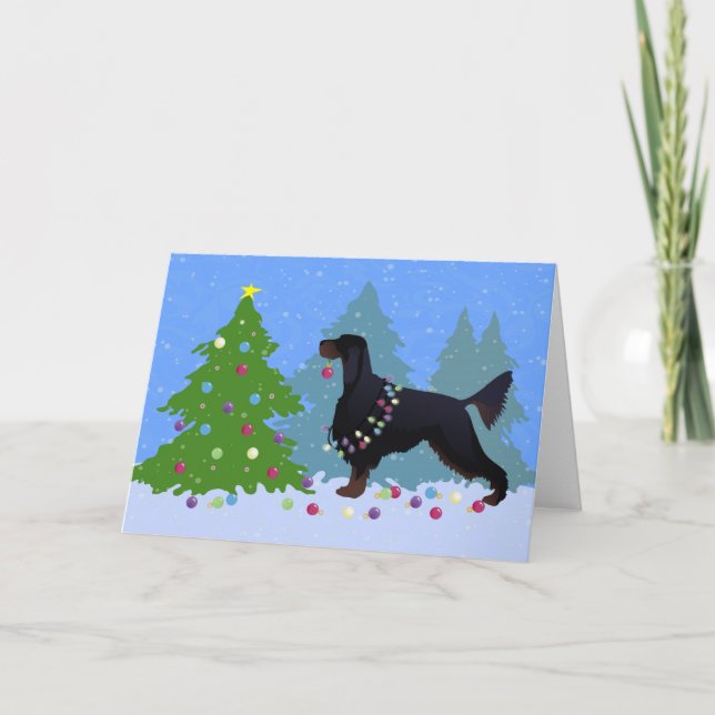 Gordon Setter decorating tree in the For Holiday Card (Front)