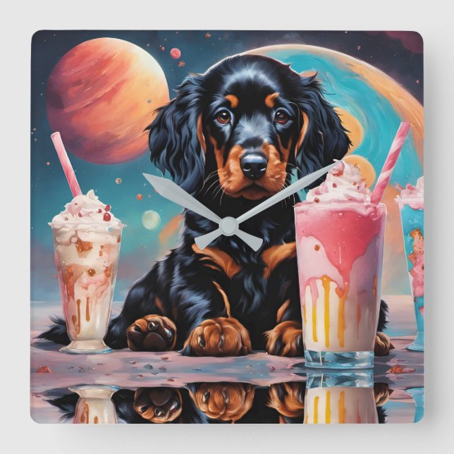 Gordon Setter Puppy N Milkshakes Square Wall Clock (Front)