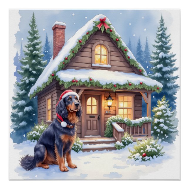 Gordon Setter Snowy Lodge Santa Hat Christmas Art Poster (Front)