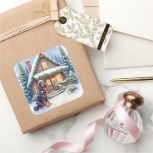 Gordon Setter Snowy Lodge Santa Hat Christmas Art Square Sticker