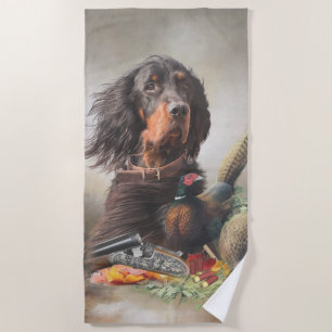 Gordon setter with pheasants, Art       Beach Towel
