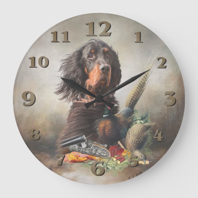 Gordon setter with pheasants, Art      Large Clock (Front)