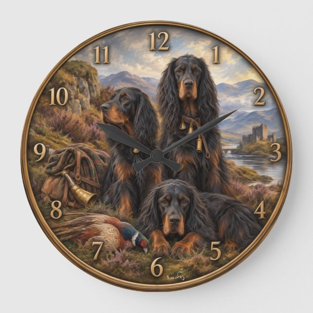 Gordon setter with pheasants, Art      Large Clock (Front)