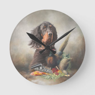 Gordon setter with pheasants, Art      Round Clock