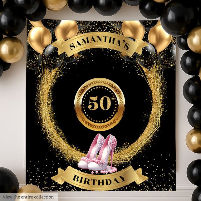 Gorgeous 50th Birthday Banner Black Gold Heels Tapestry (Gorgeous 50th Birthday Banner Black Gold Heels)