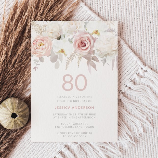 Gorgeous 80th Birthday Party Blush Floral Invitation (Creator Uploaded)