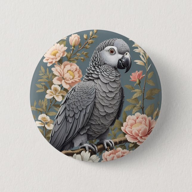 Gorgeous African Grey Parrot With Elegant Florals 6 Cm Round Badge (Front)