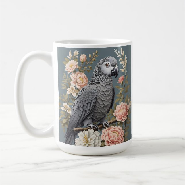Gorgeous African Grey Parrot With Elegant Florals Coffee Mug (Left)