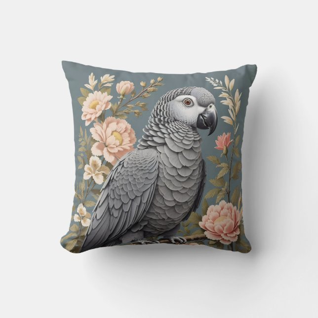 Gorgeous African Grey Parrot With Elegant Florals Cushion (Front)