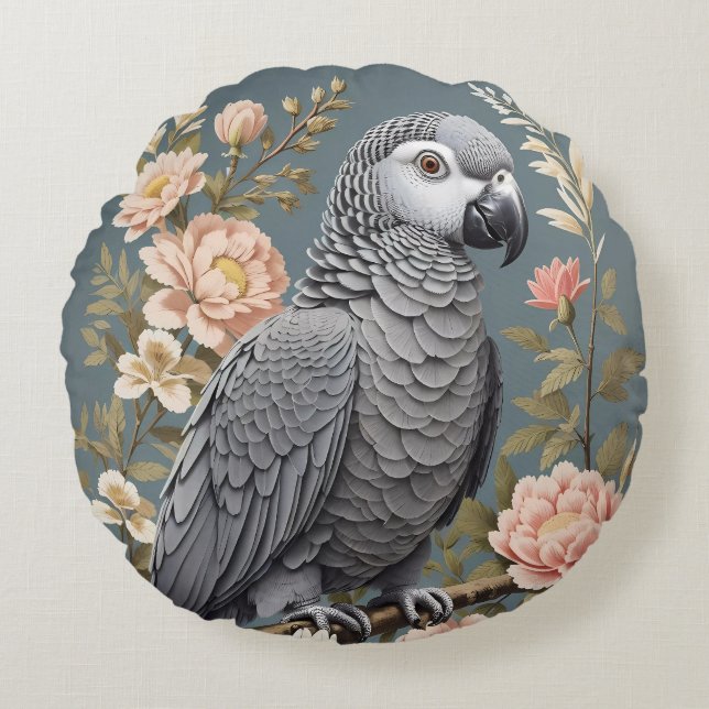 Gorgeous African Grey Parrot With Elegant Florals Round Cushion (Front)
