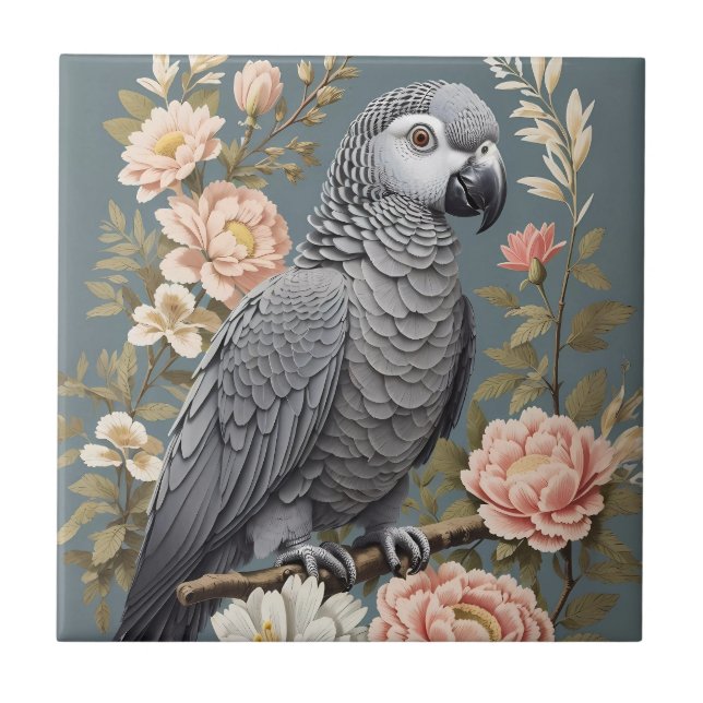 Gorgeous African Grey Parrot With Elegant Florals Tile (Front)