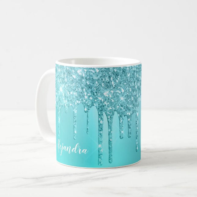 Gorgeous aqua blue mint & turquoise glitter drips coffee mug (Front Left)